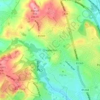 Mapa topográfico Chesterton, altitude, relevo