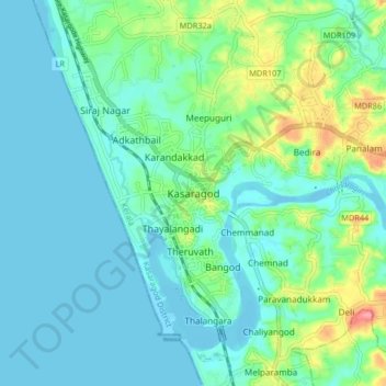 Mapa topográfico Kasaragod, altitude, relevo