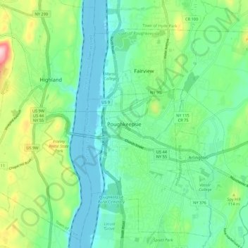 Mapa topográfico Poughkeepsie, altitude, relevo