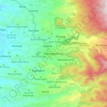 Mapa topográfico Tawangmangu, altitude, relevo
