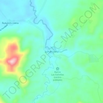Mapa topográfico Sumak Sacha, altitude, relevo