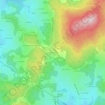 Mapa topográfico Les Écharmeaux, altitude, relevo