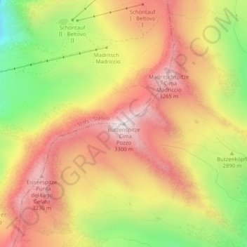 Mapa topográfico Butzenspitze - Cima Pozzo, altitude, relevo