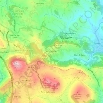 Mapa topográfico Ribas de Cima, altitude, relevo