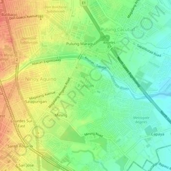 Mapa topográfico Pandan, altitude, relevo