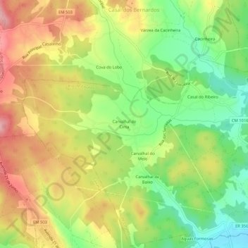 Mapa topográfico Carvalhal de Cima, altitude, relevo