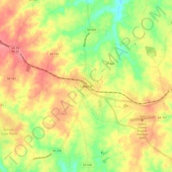 Mapa topográfico Louisa, altitude, relevo