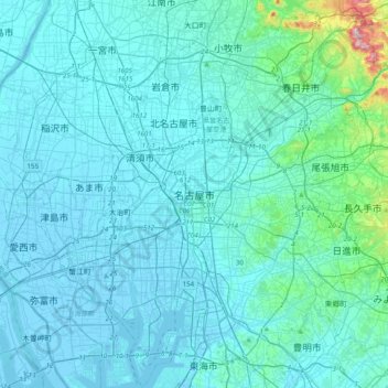 Mapa topográfico Nagoia, altitude, relevo