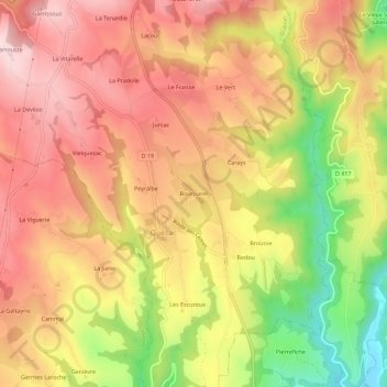 Mapa topográfico Bournarel, altitude, relevo