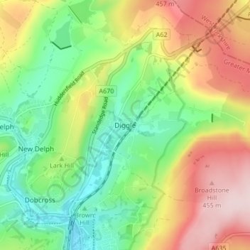 Mapa topográfico Diggle, altitude, relevo
