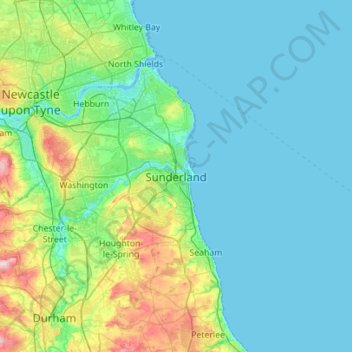 Mapa topográfico Sunderland, altitude, relevo