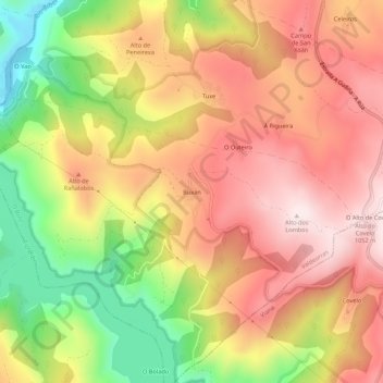Mapa topográfico Buxán, altitude, relevo