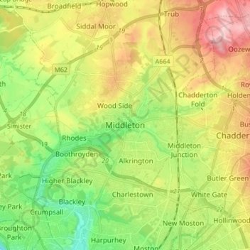 Mapa topográfico Middleton, altitude, relevo