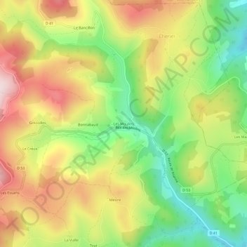 Mapa topográfico Les Moulins, altitude, relevo