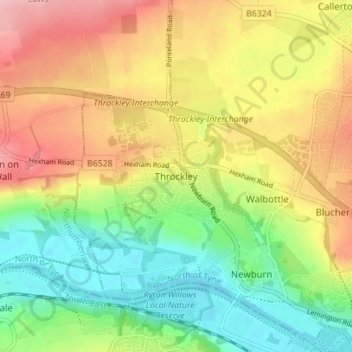 Mapa topográfico Throckley, altitude, relevo