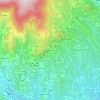 Mapa topográfico Les Monterniers, altitude, relevo