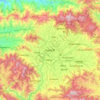 Mapa topográfico Katmandou, altitude, relevo