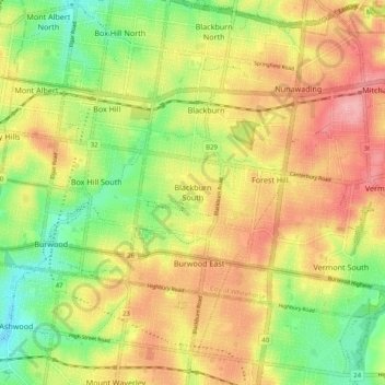 Mapa topográfico Blackburn South, altitude, relevo