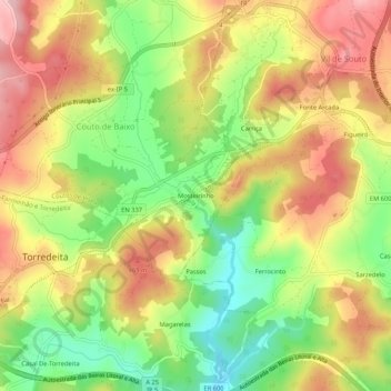 Mapa topográfico Mosteirinho, altitude, relevo