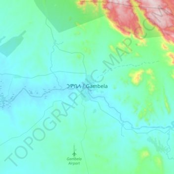 Mapa topográfico Gambela, altitude, relevo