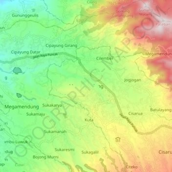 Mapa topográfico Megamendung, altitude, relevo
