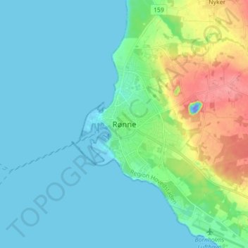 Mapa topográfico Rønne, altitude, relevo