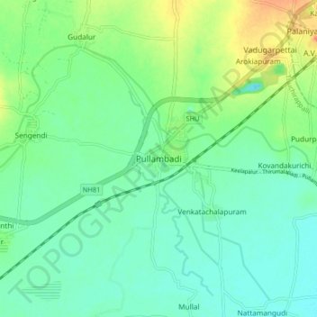 Mapa topográfico Pullambadi, altitude, relevo