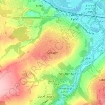 Mapa topográfico Winlaton, altitude, relevo