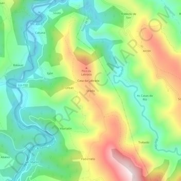 Mapa topográfico Drada, altitude, relevo