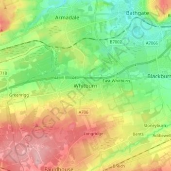 Mapa topográfico Whitburn, altitude, relevo