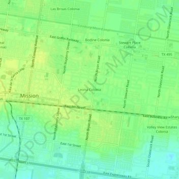 Mapa topográfico Leona Colonia, altitude, relevo