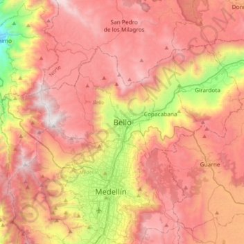 Mapa topográfico Bello, altitude, relevo