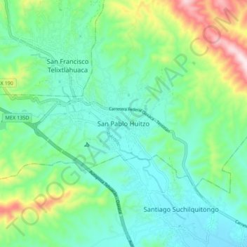 Mapa topográfico San Pablo Huitzo, altitude, relevo