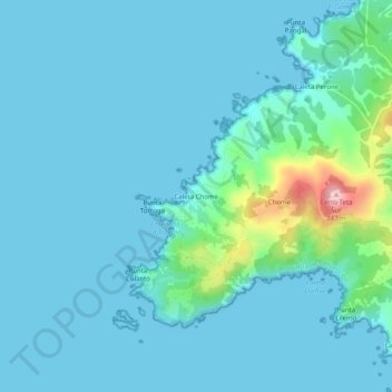 Mapa topográfico Caleta Chome, altitude, relevo