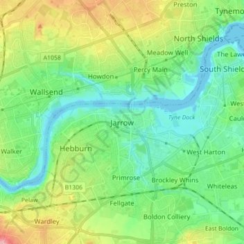 Mapa topográfico Jarrow, altitude, relevo