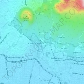 Mapa topográfico Xalpa, altitude, relevo