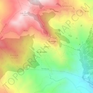 Mapa topográfico Aruccia, altitude, relevo