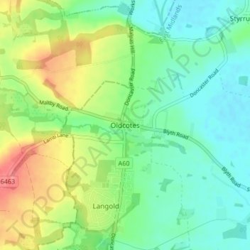 Mapa topográfico Oldcotes, altitude, relevo