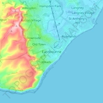 Mapa topográfico Eastbourne, altitude, relevo