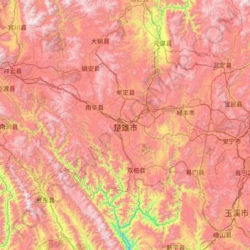 Mapa topográfico Chuxiong, altitude, relevo