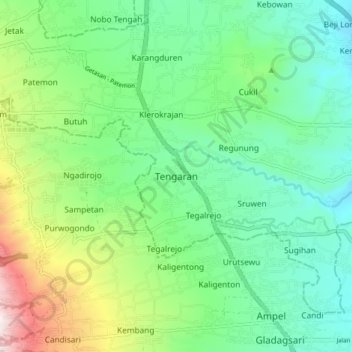 Mapa topográfico Tengaran, altitude, relevo