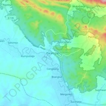 Mapa topográfico Parengan, altitude, relevo
