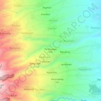 Mapa topográfico Perampelan Lor, altitude, relevo