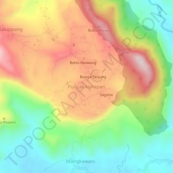 Mapa topográfico Puncak Harapan, altitude, relevo