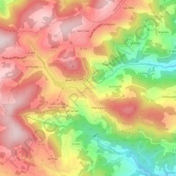 Mapa topográfico Yzeron, altitude, relevo