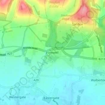 Mapa topográfico Fontwell, altitude, relevo