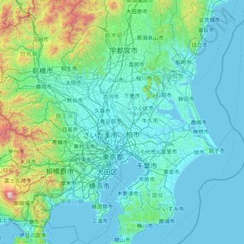 Mapa topográfico 関東地方, altitude, relevo