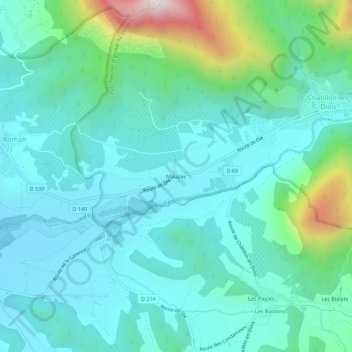 Mapa topográfico Maupas, altitude, relevo