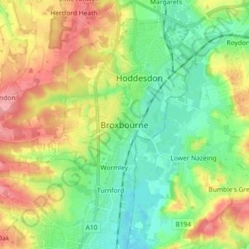 Mapa topográfico Broxbourne, altitude, relevo