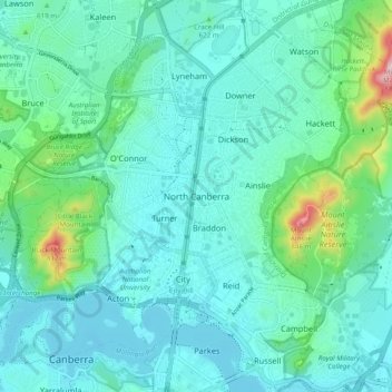 Mapa topográfico North Canberra, altitude, relevo